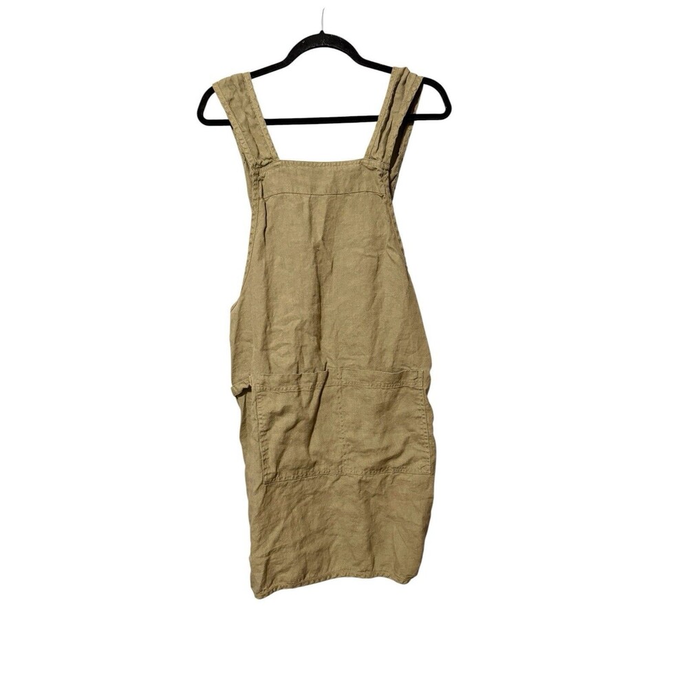 Linen Overall Dress Tan Sleeveless Pinafore Apron Mini Pocket Casual M/L
